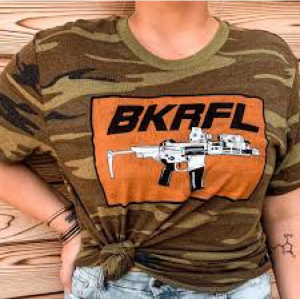 Black Rifle Coffee Woman’s Camouflage Tee with Orange Graphic